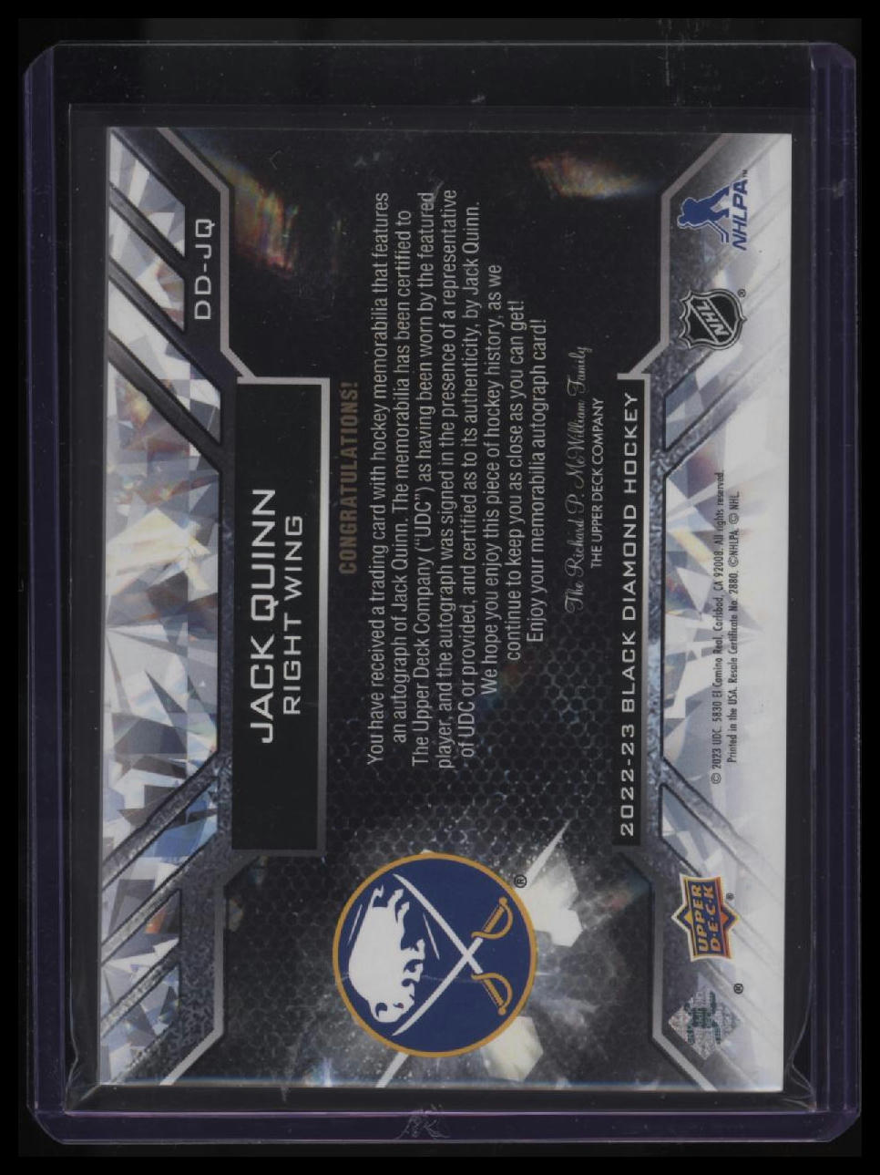 2022-23 Upper Deck Black Diamond Jack Quinn Diamond Debut Relics Auto Patch #/49