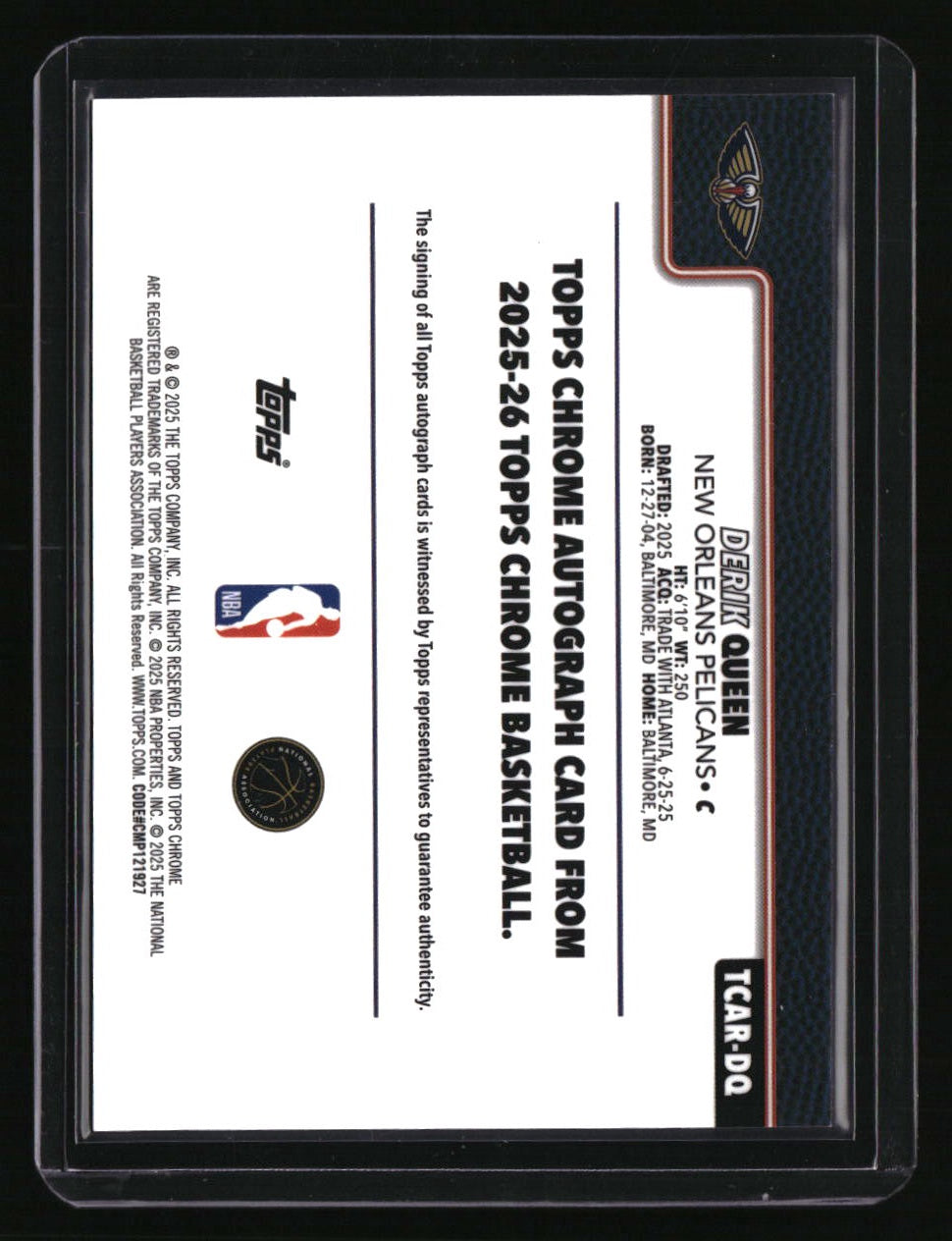 2025-26 Topps Chrome Derik Queen Chrome Rookie Autographs