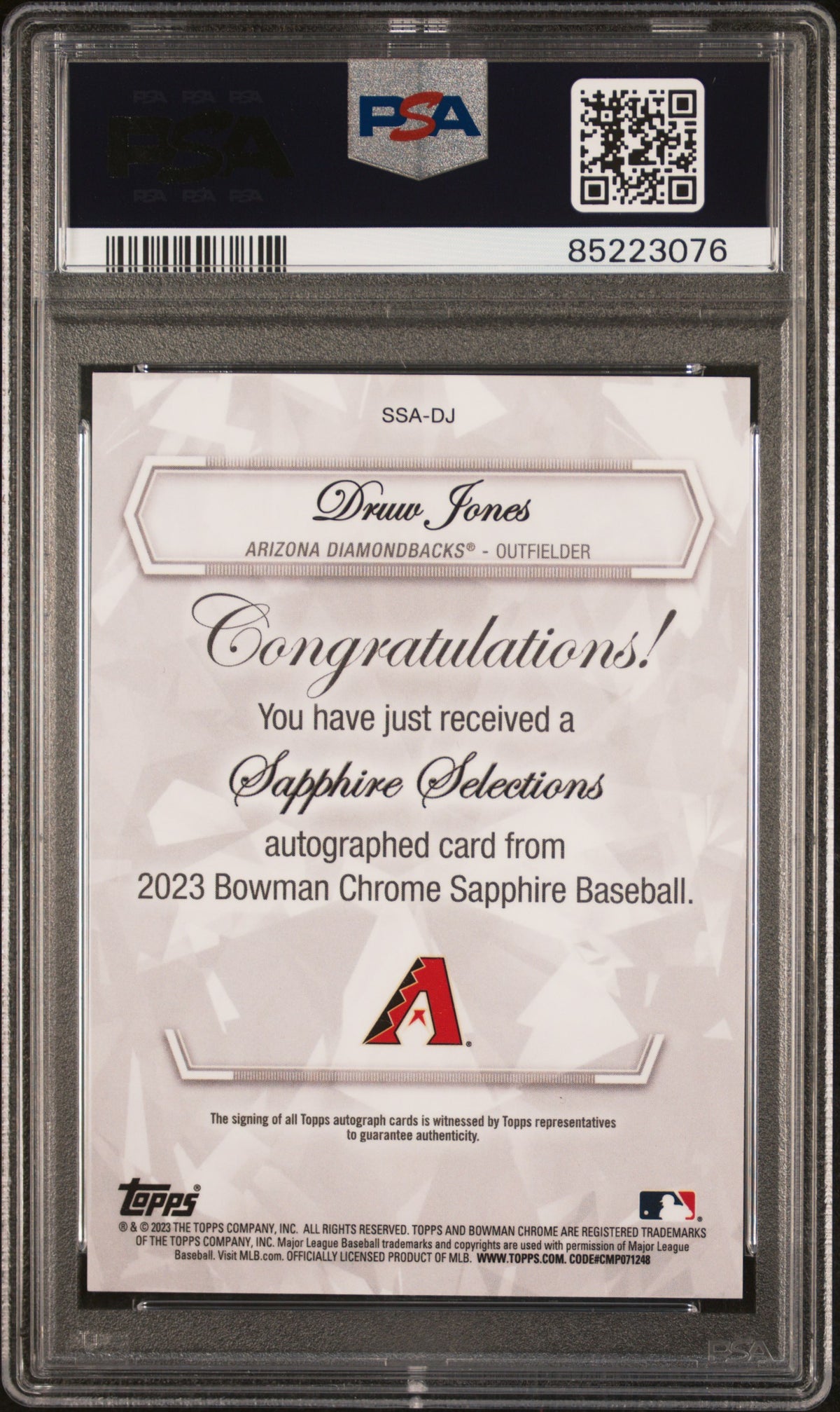 2023 Bowman Chrome Sapphire Edition #DJ Druw Jones Select Auto-Purple PSA 10