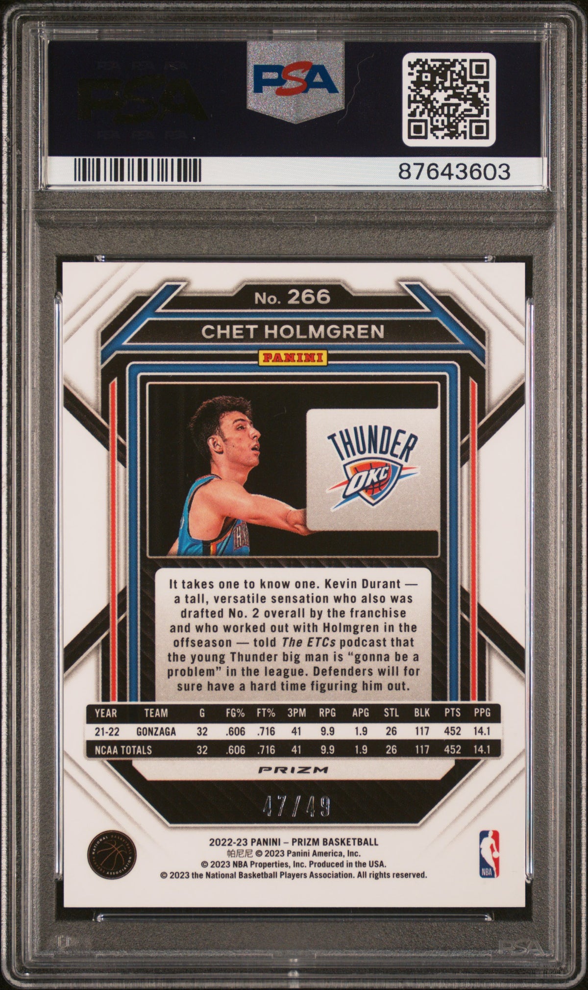 2022 Panini Prizm Chet Holmgren Blue Choice PSA 9