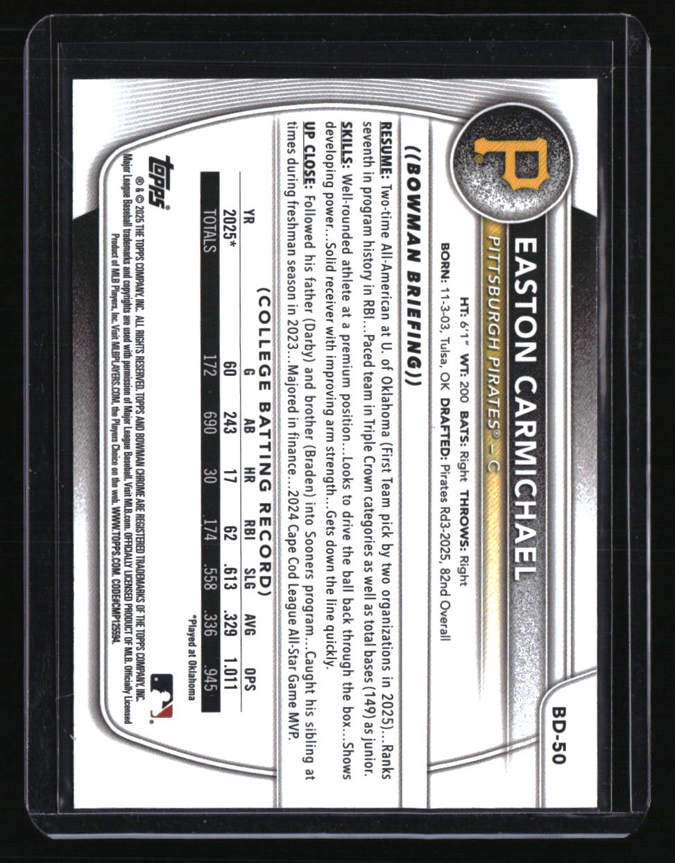 2025 Bowman Draft Easton Carmichael Gold Border #/50