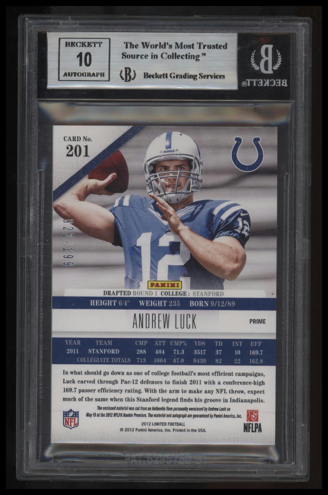 2012 Limited Andrew Luck JSY AU/199 RC BGS 9.0