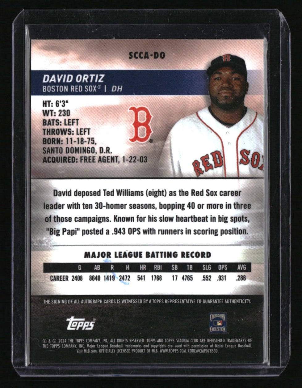 2024 Stadium Club David Ortiz Chrome Autographs Orange Refractors #/10