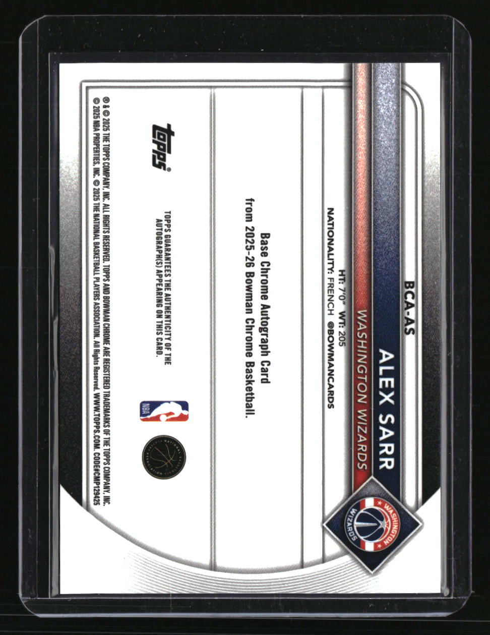 2025-26 Bowman Alex Sarr Chrome Autographs Blue Refractor #/150