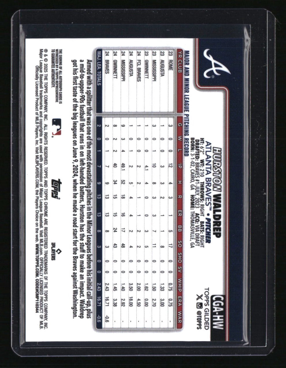 2025 Topps Gilded Collection Hurston Waldrep Autographs #/99