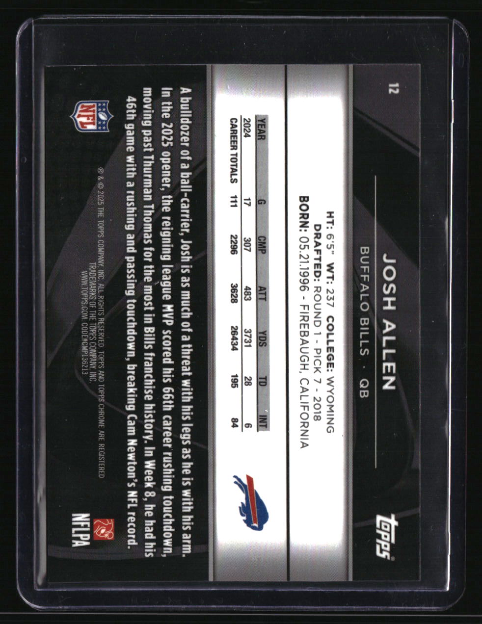 2025 Topps Chrome Black Josh Allen Purple Refractor #/75