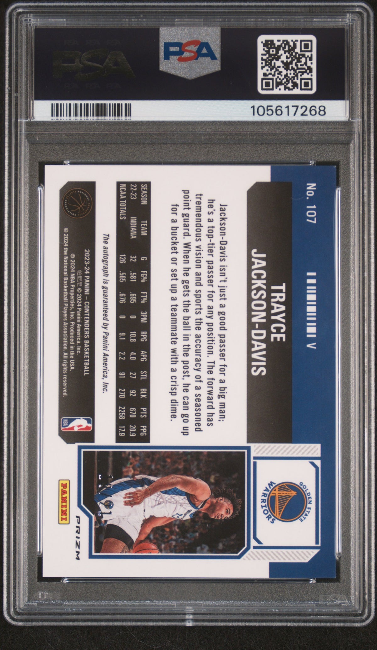 2023 Panini Contenders Trayce Jackson-Davis Var-Au-Prm Ed-Blu Fotl PSA 9