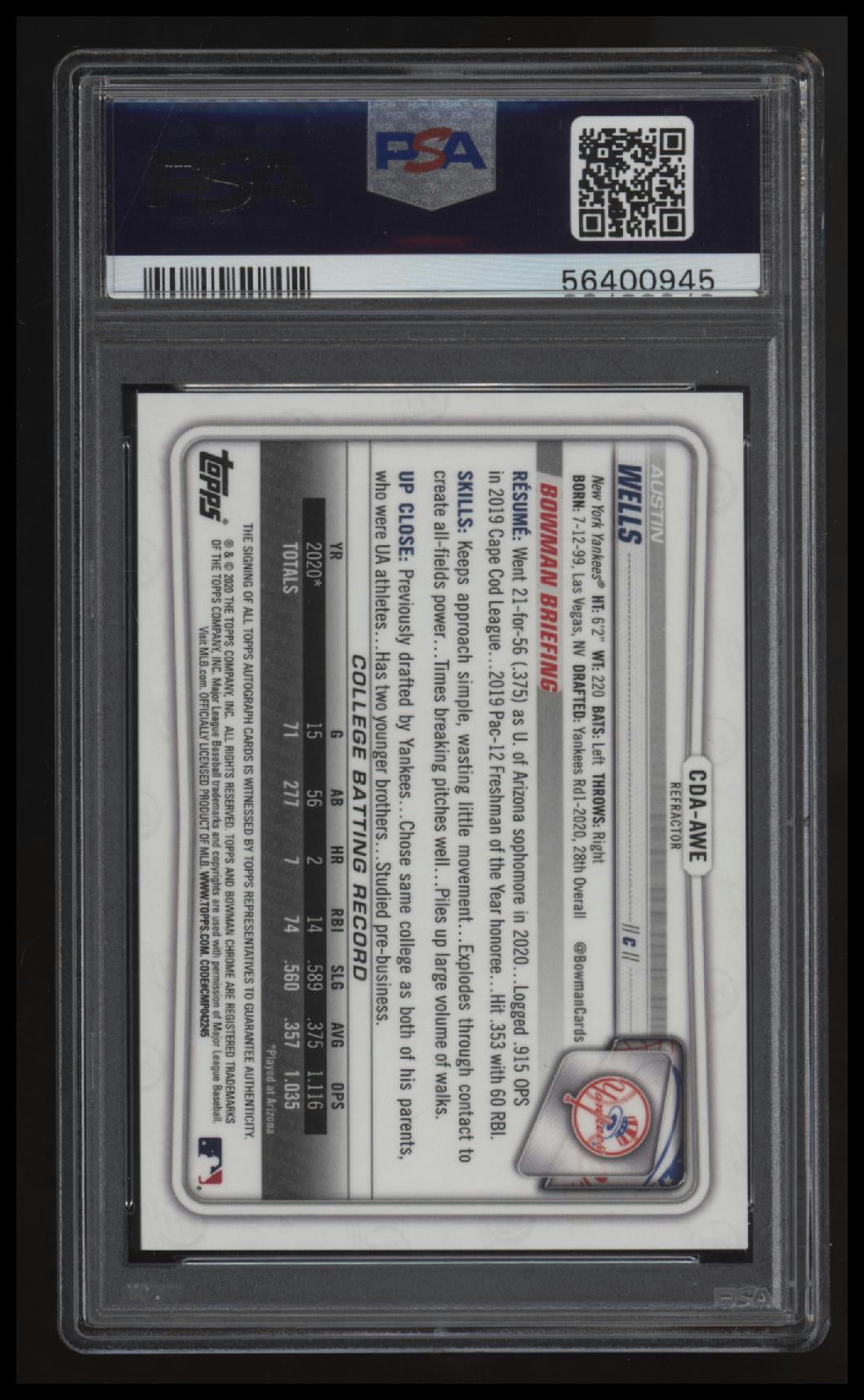2020 Bowman Draft Chrome Draft Picks Autographs Austin Wells Refractor