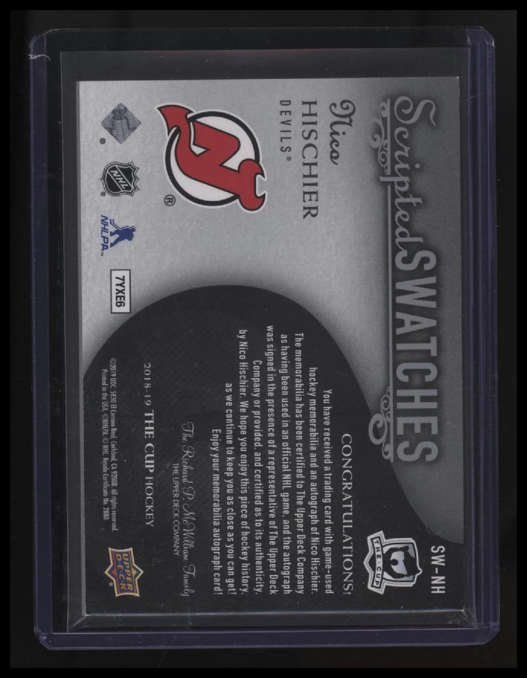 2018-19 Upper Deck The Cup Nico Hischier Scripted Swatches Autographs #/35