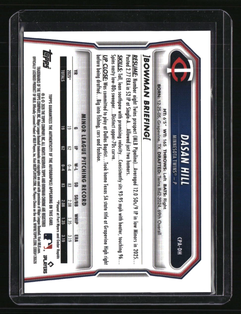 2026 Bowman Dasan Hill Chrome Prospect Autographs