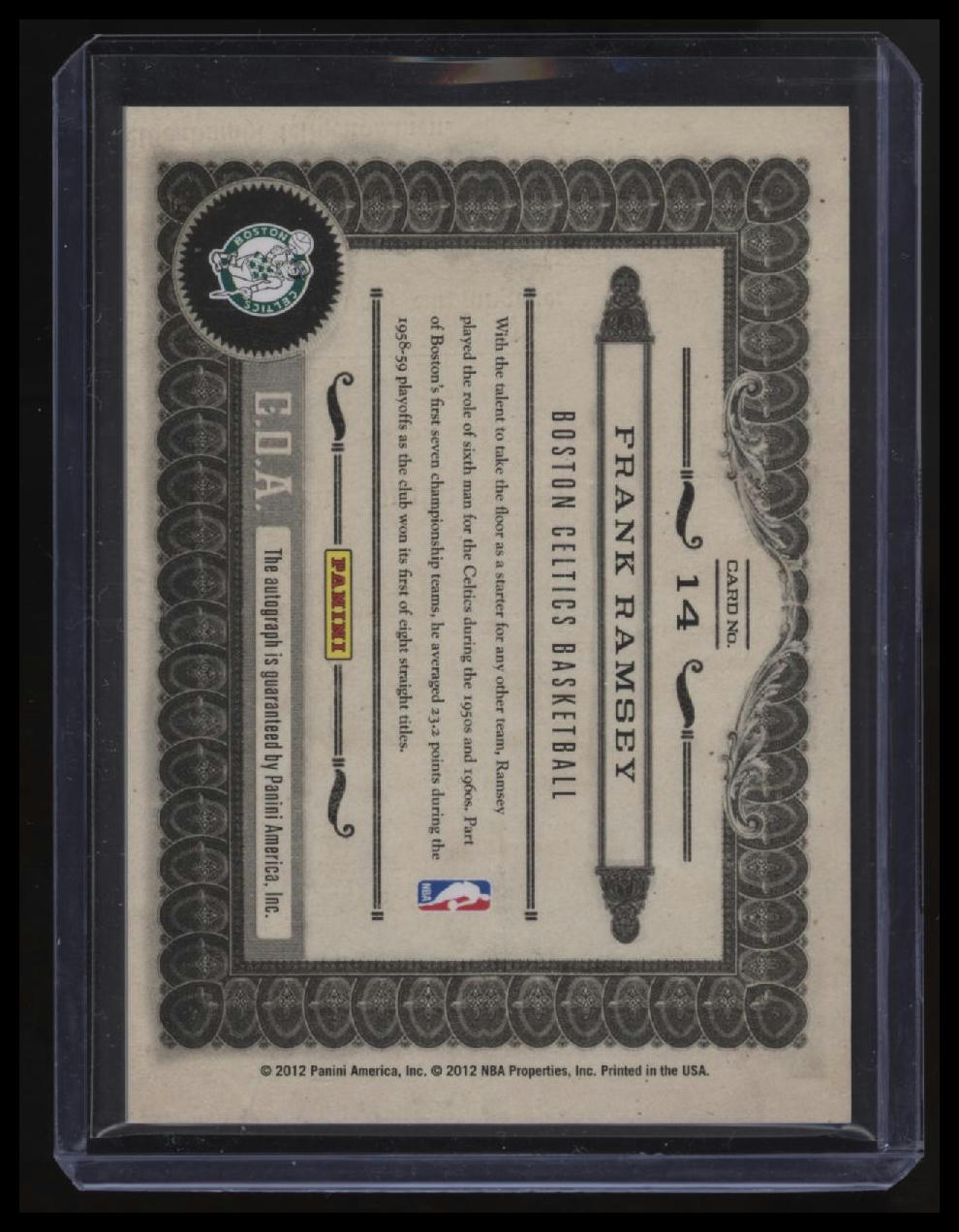 2011-12 Panini Gold Standard Frank Ramsey Marks of the Hall Autographs #/149