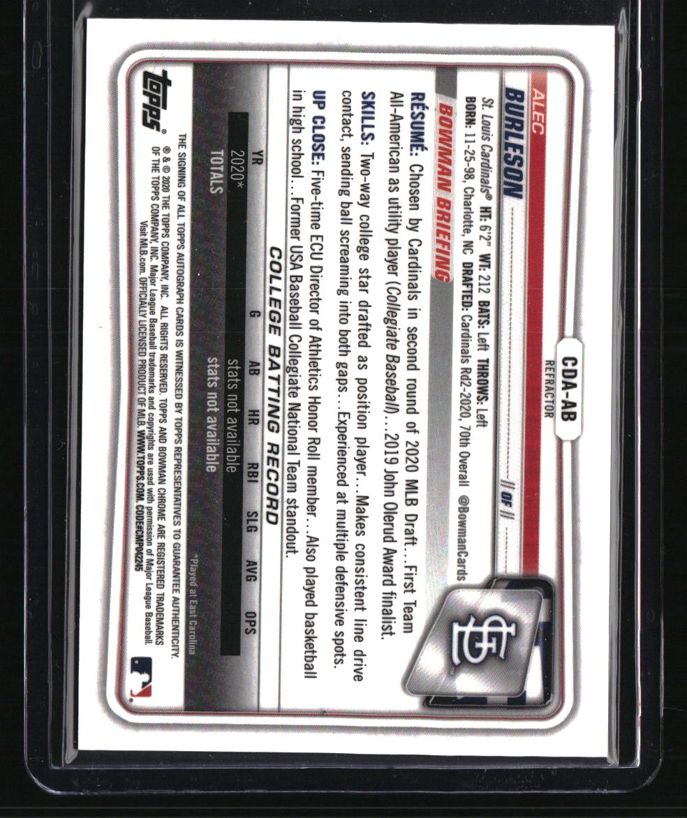 2020 Bowman Draft Alec Burleson Chrome Draft Pick Autographs Refractor #/499