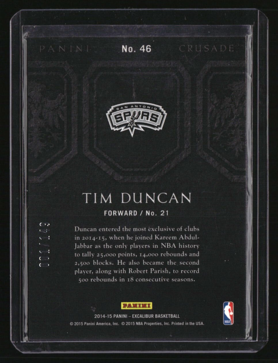 2014-15 Panini Excalibur Tim Duncan Crusade Blue #/149 FIRST ON PRINT 001/149