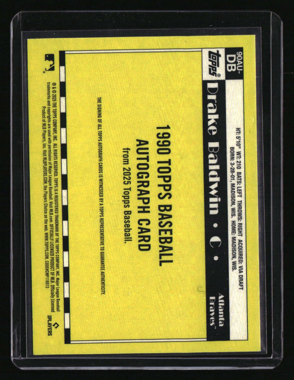 2025 Topps Update Drake Baldwin 1990 Topps Baseball 35th Anniversary Autographs