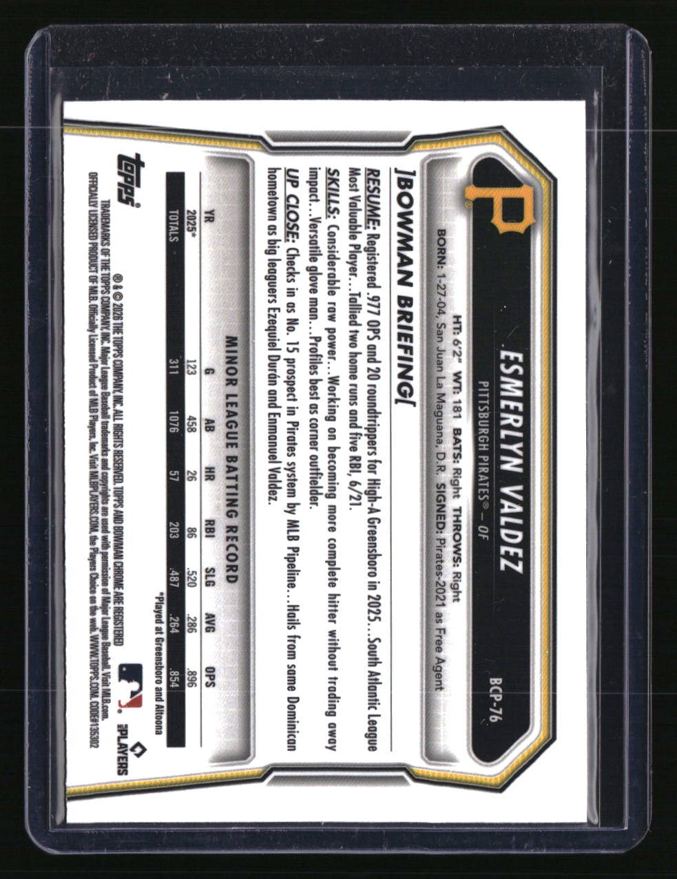 2026 Bowman Esmerlyn Valdez Chrome Prospects Blue Geometric Refractor #/150