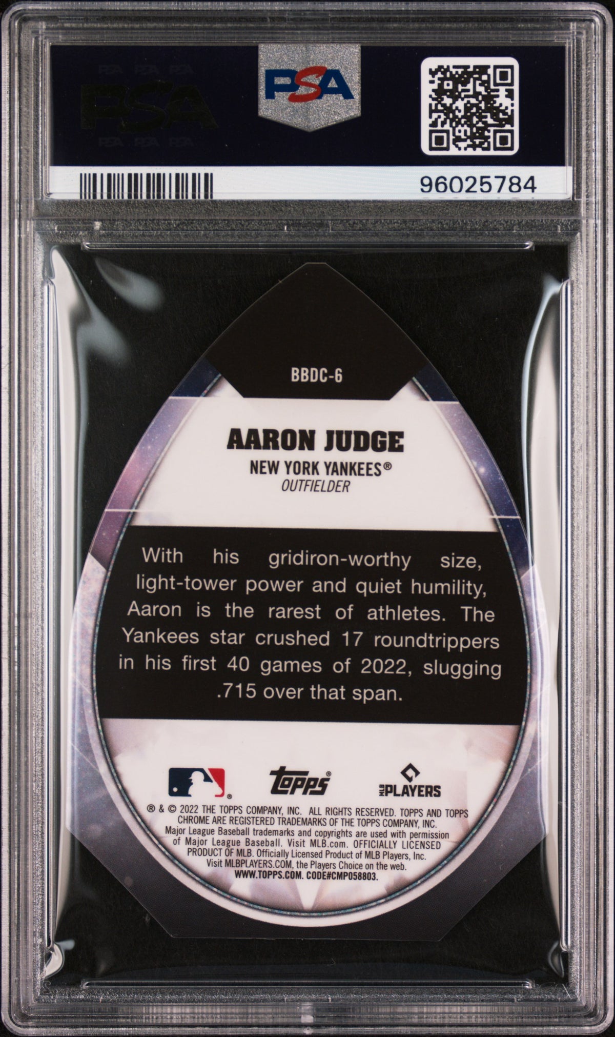 2022 Topps Chrome Ben&#39;S Diamond Die-Cuts Aaron Judge PSA 10