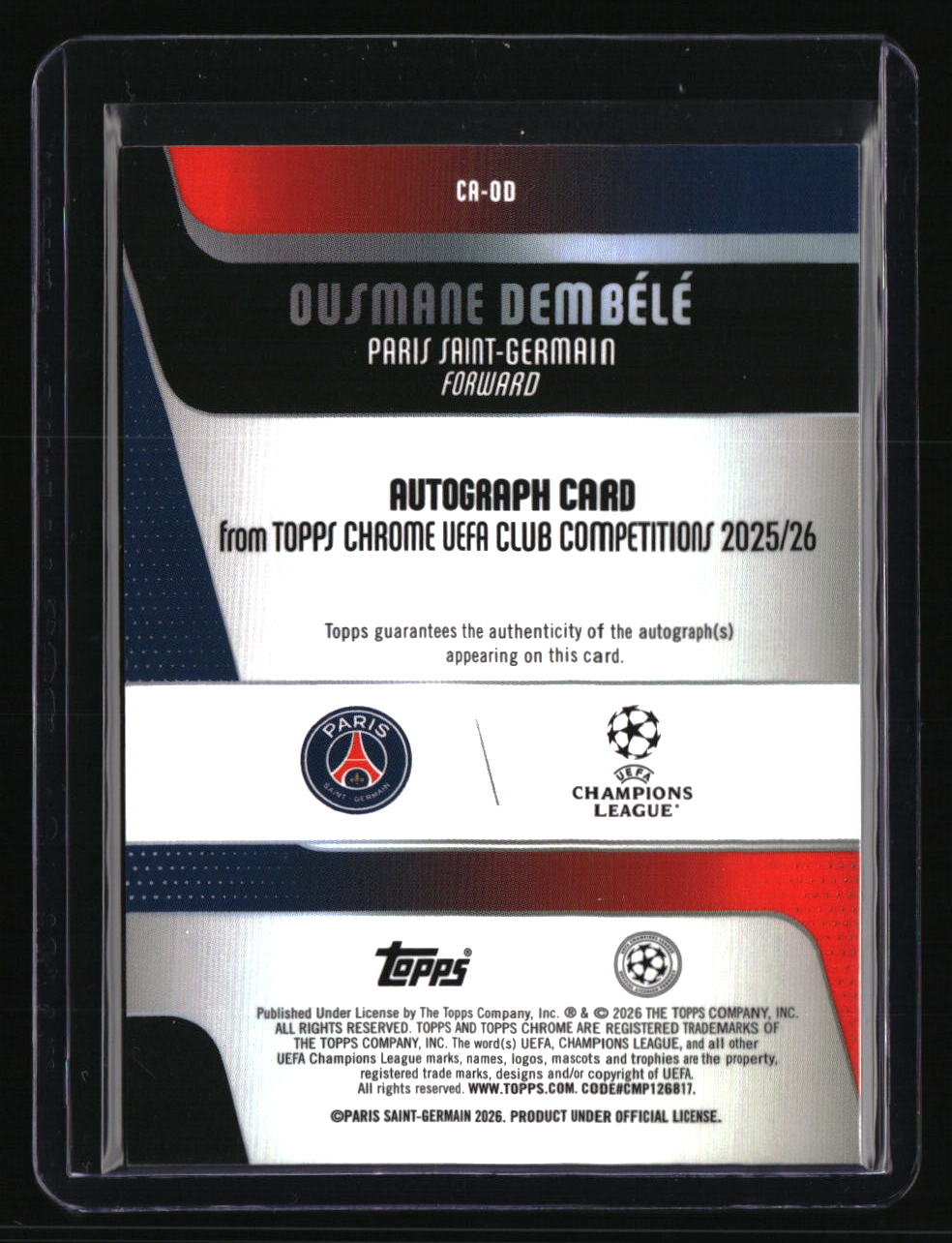 2025-26 Topps Chrome UEFA CC Ousmane Dembélé Chrome Auto Purple Lava #/75