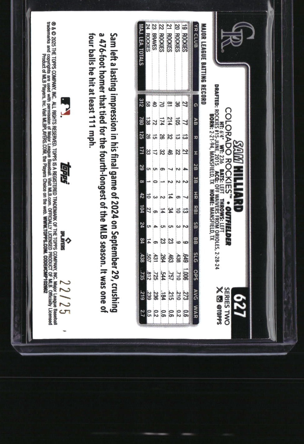 2025 Topps Sam Hilliard Wood #/25
