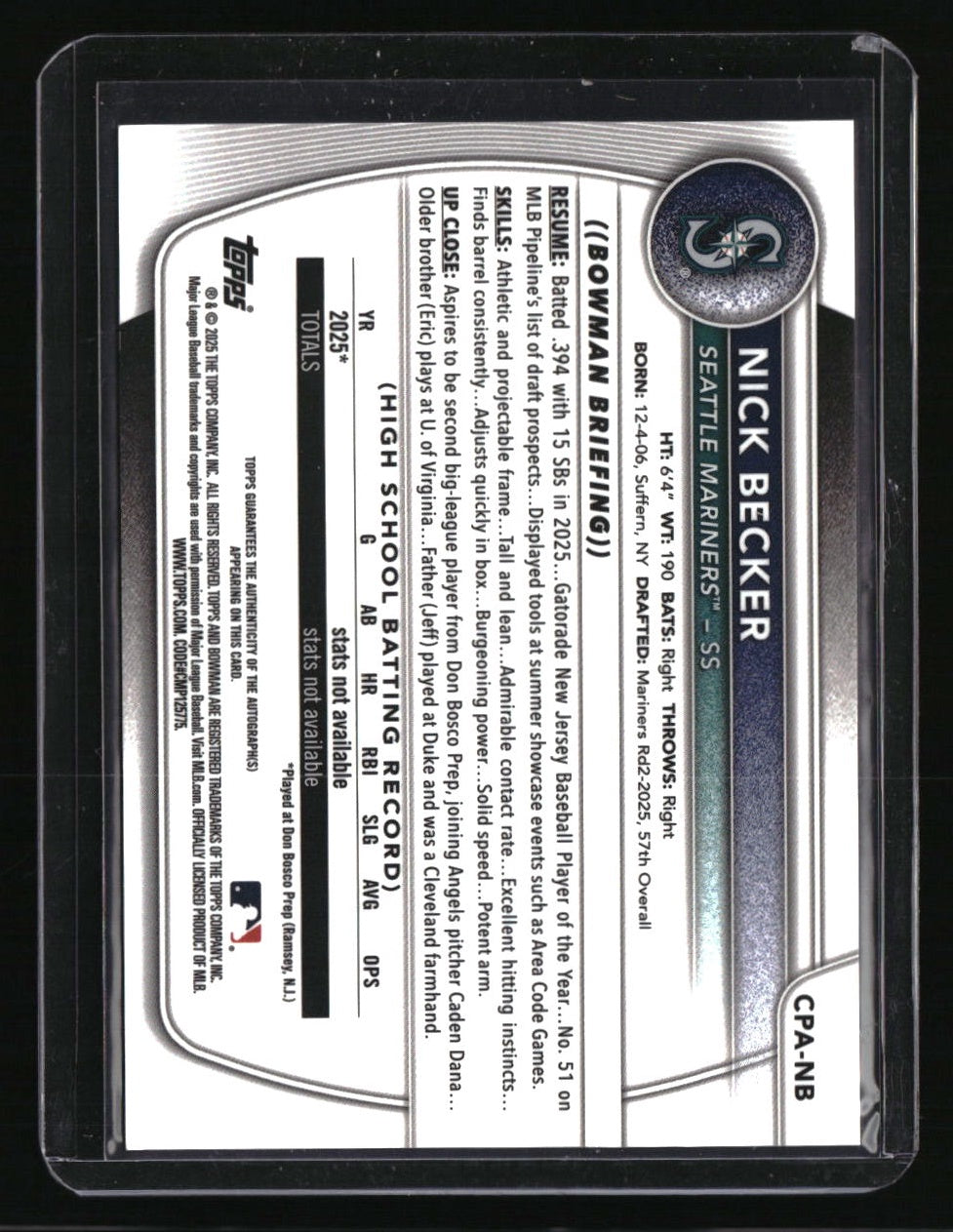 2025 Bowman Draft Nick Becker Chrome Prospect Autographs