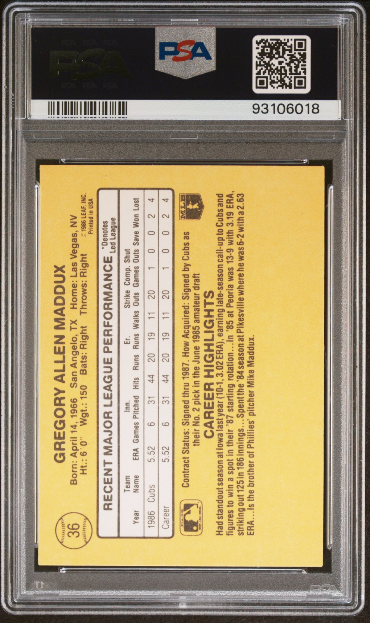 1987 Donruss Greg Maddux PSA 5