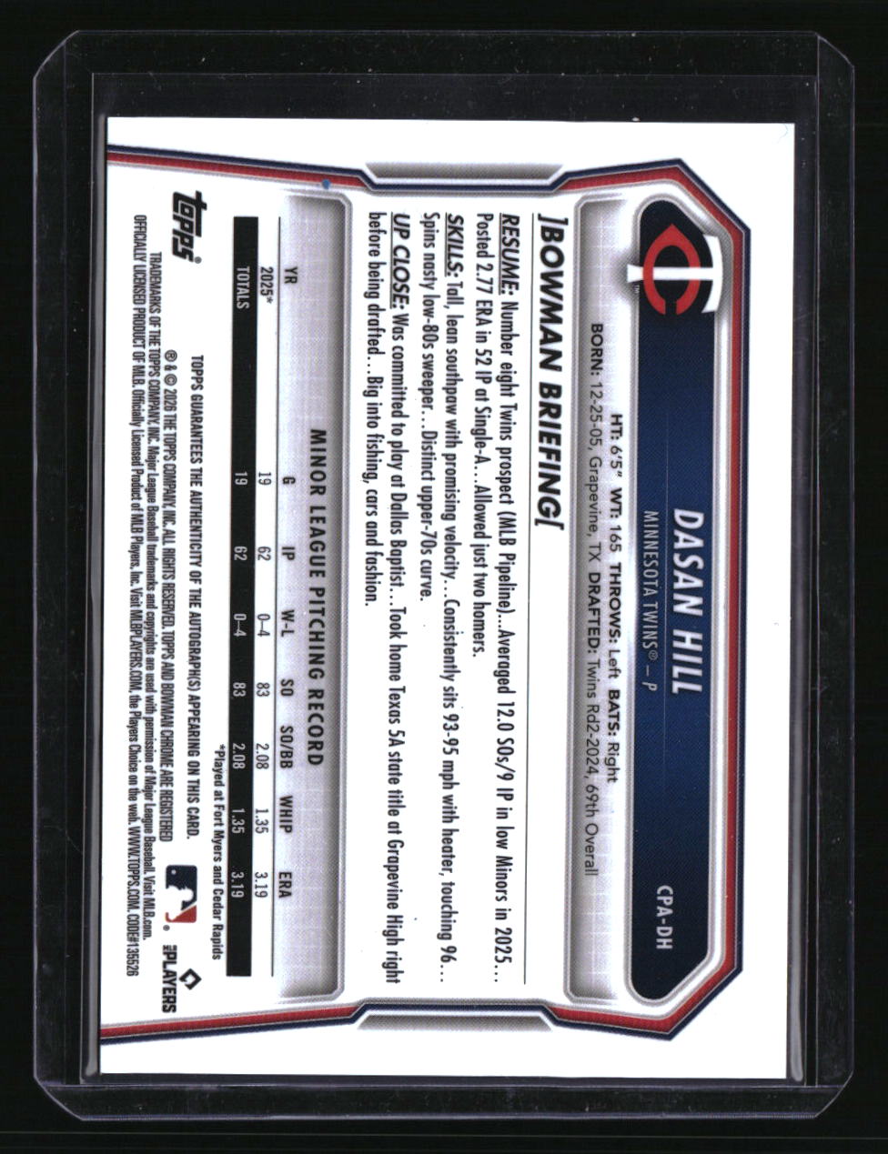 2026 Bowman Dasan Hill Chrome Prospect Autographs Blue Refractors #/150
