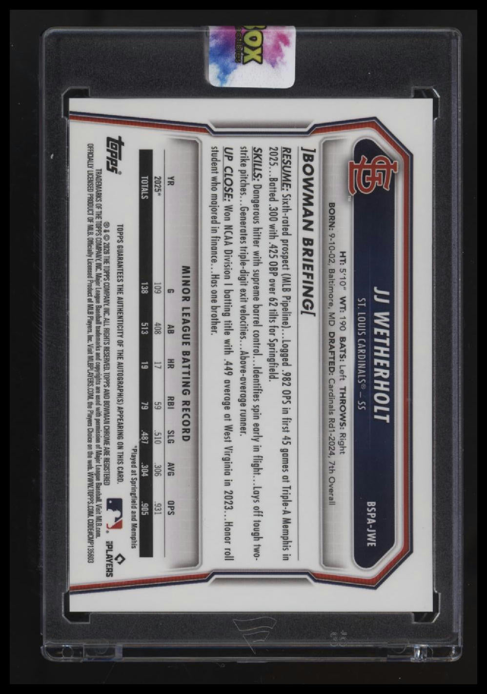 2026 Bowman Chrome Sapphire JJ Wetherholt Green Auto #/99