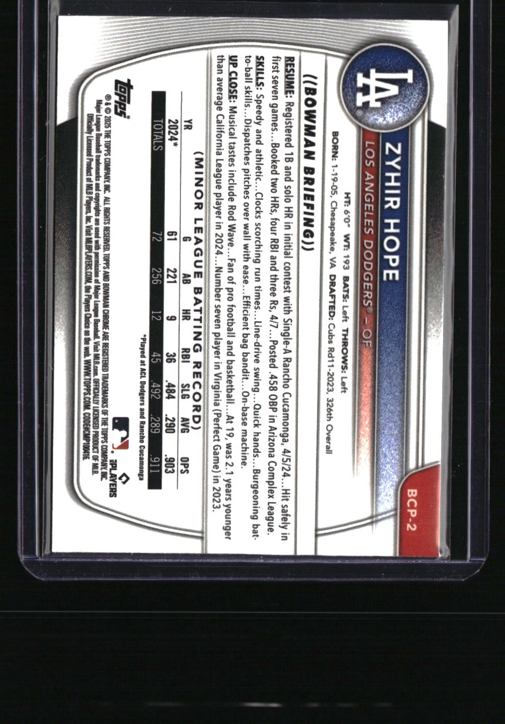 2025 Bowman Zyhir Hope Chrome Prospects Blue Geometric Refractor #/150