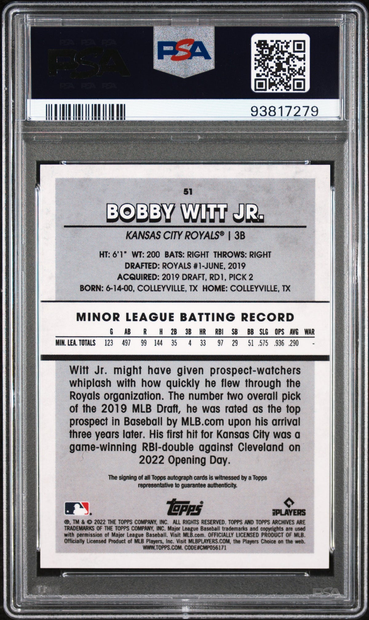 2022 Topps Archives Snapshots Bobby Witt Jr. Autograph PSA 9