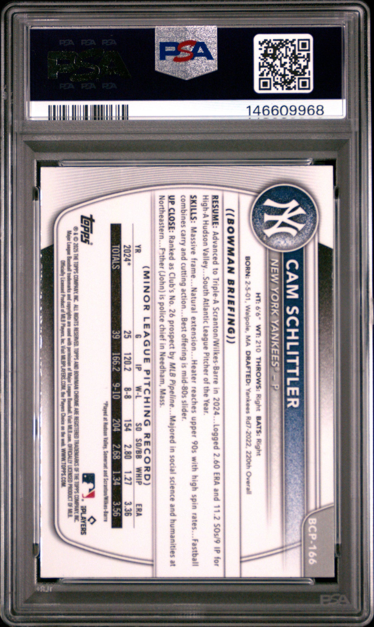 2025 Bowman Chrome Mega Box Chrome Prospects Cam Schlittler PSA 8