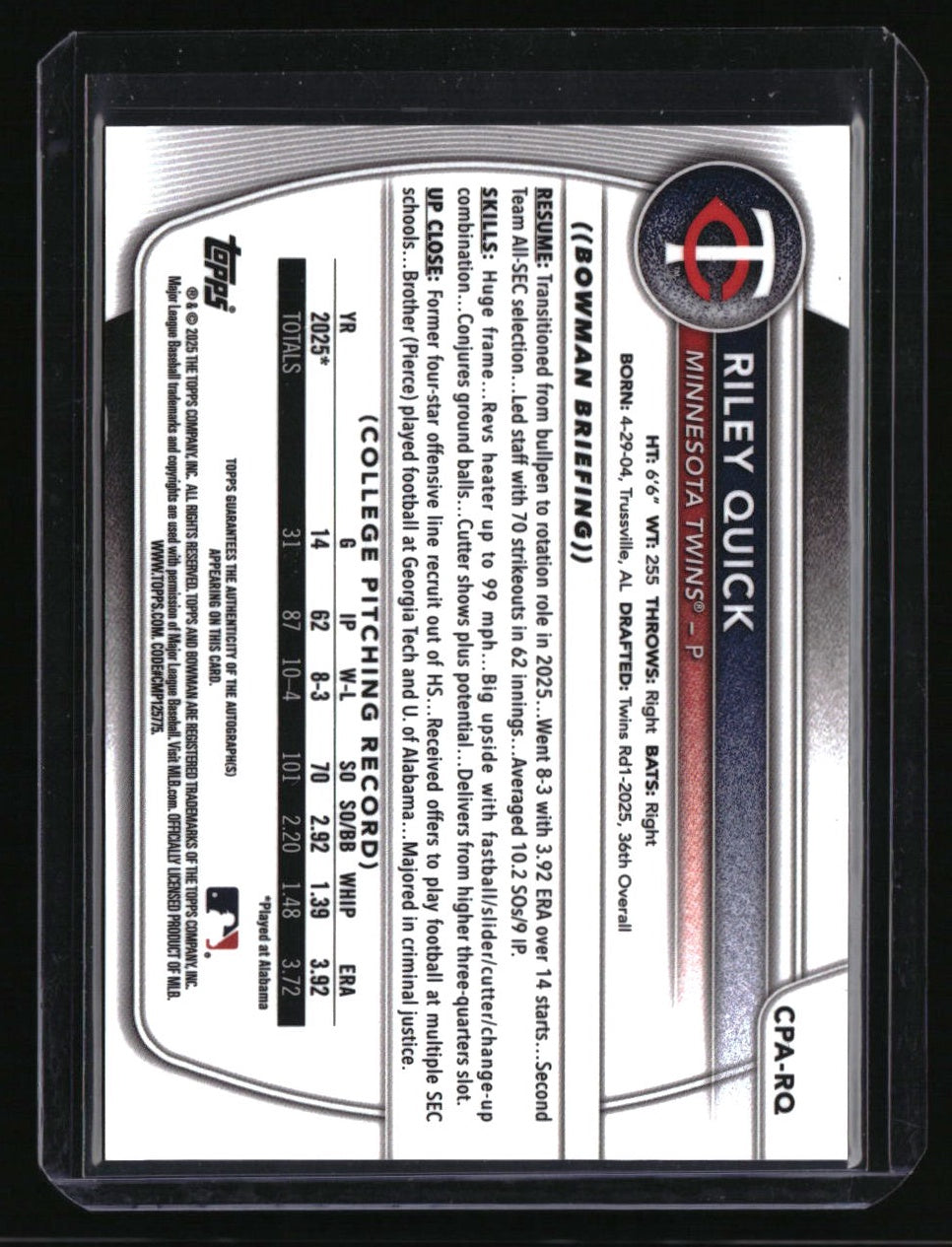 2025 Bowman Draft Riley Quick Chrome Prospect Autographs