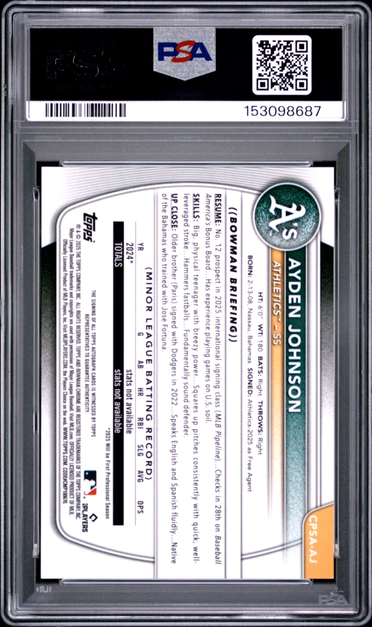 2025 Bowman Chrome Sapphire Chrome Prospects Auto Ayden Johnson PSA 9