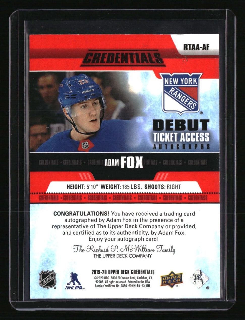 Adam Fox 2019-20 Upper Deck Credentials Debut Ticket Access Autographs Red #/65