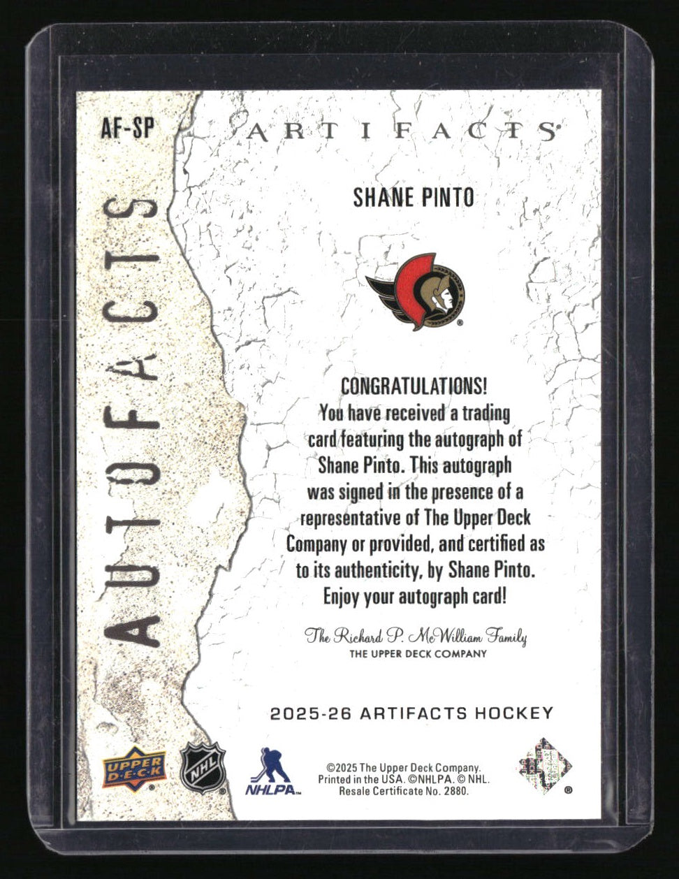 2025-26 Upper Deck Artifacts Shane Pinto Autofacts