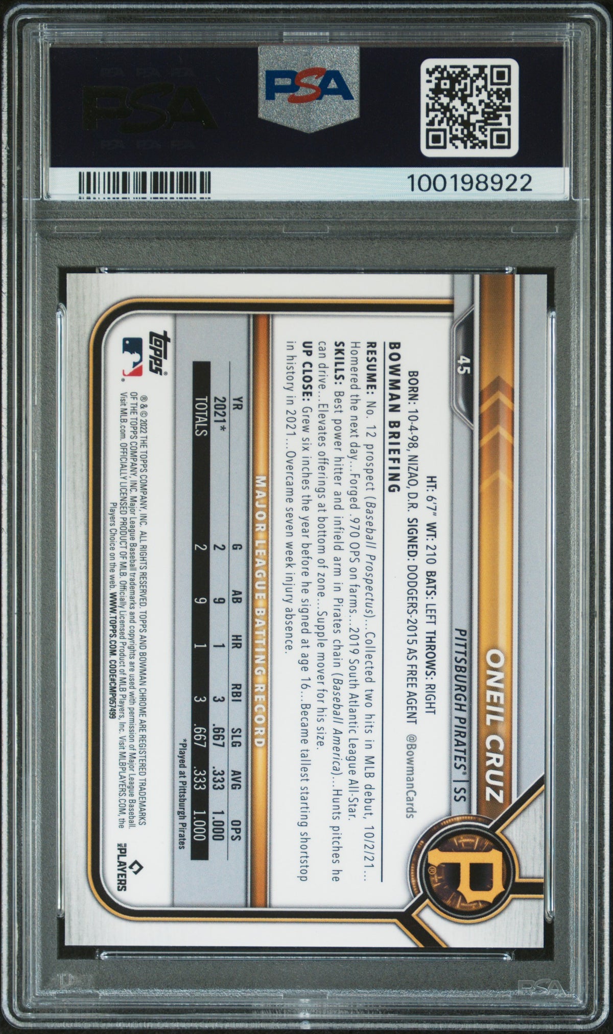 2022 Bowman Chrome Sapphire Edition Oneil Cruz Sp-Yellow PSA 10