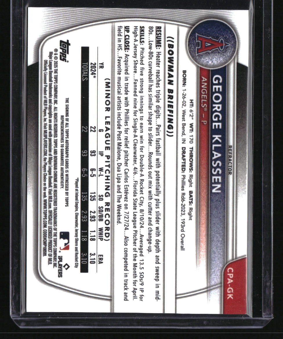 2025 Bowman George Klassen Chrome Prospects Autographs Refractor #/499