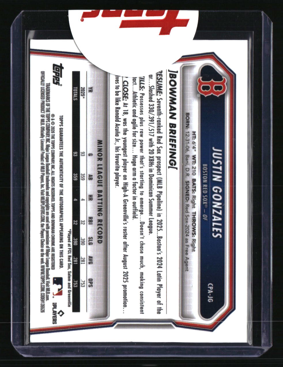 2026 Bowman Justin Gonzales Chrome Prospect Autographs Topps Sealed