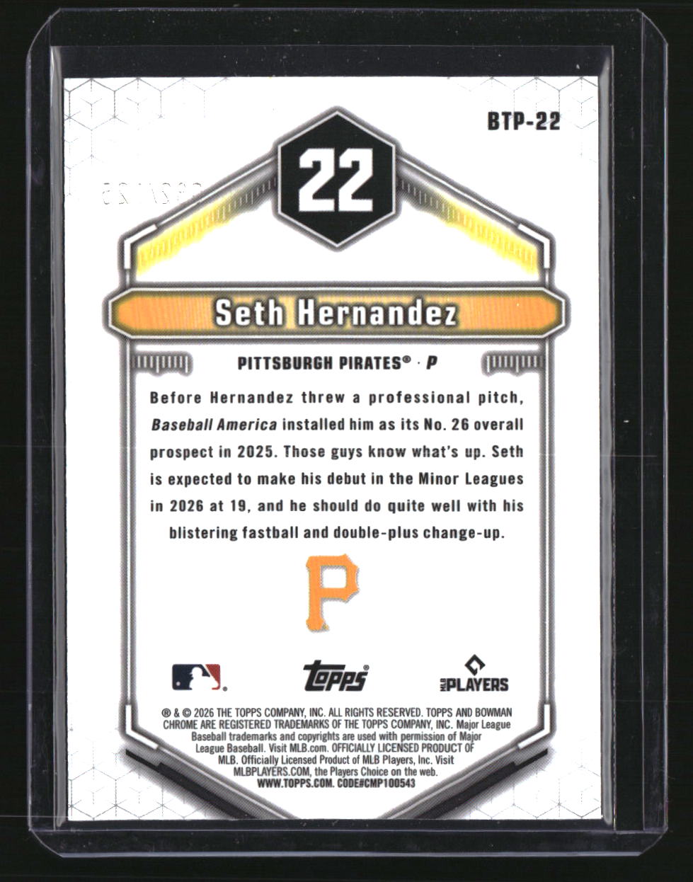 2026 Bowman Seth Hernandez Bowman Scouts' Top 100 Aqua Refractors #/125