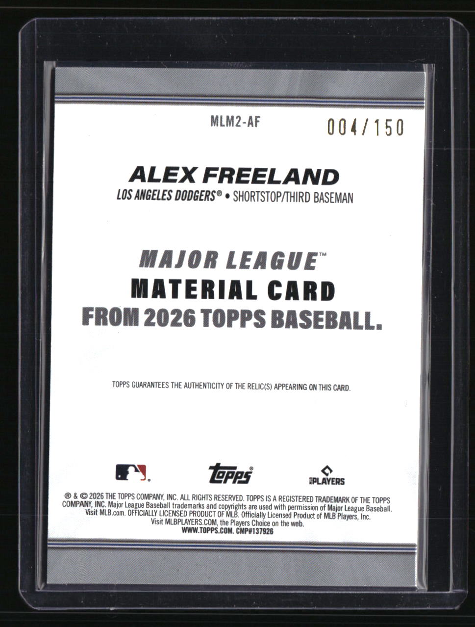 2026 Topps Alex Freeland Major League Materials Relics Blue (Series Two) #/150