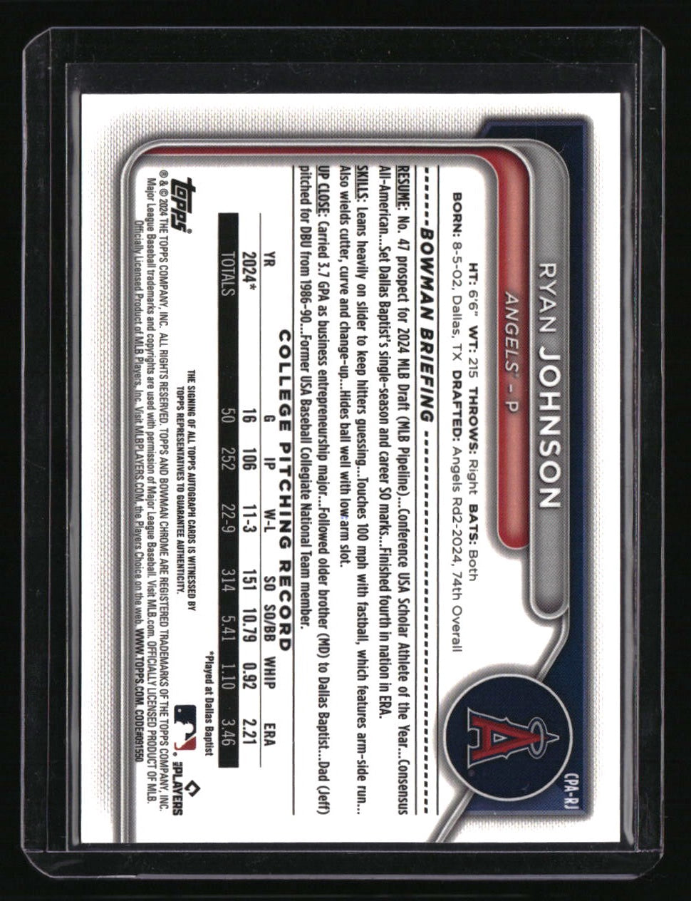 2024 Bowman Draft Ryan Johnson Chrome Prospect Autographs