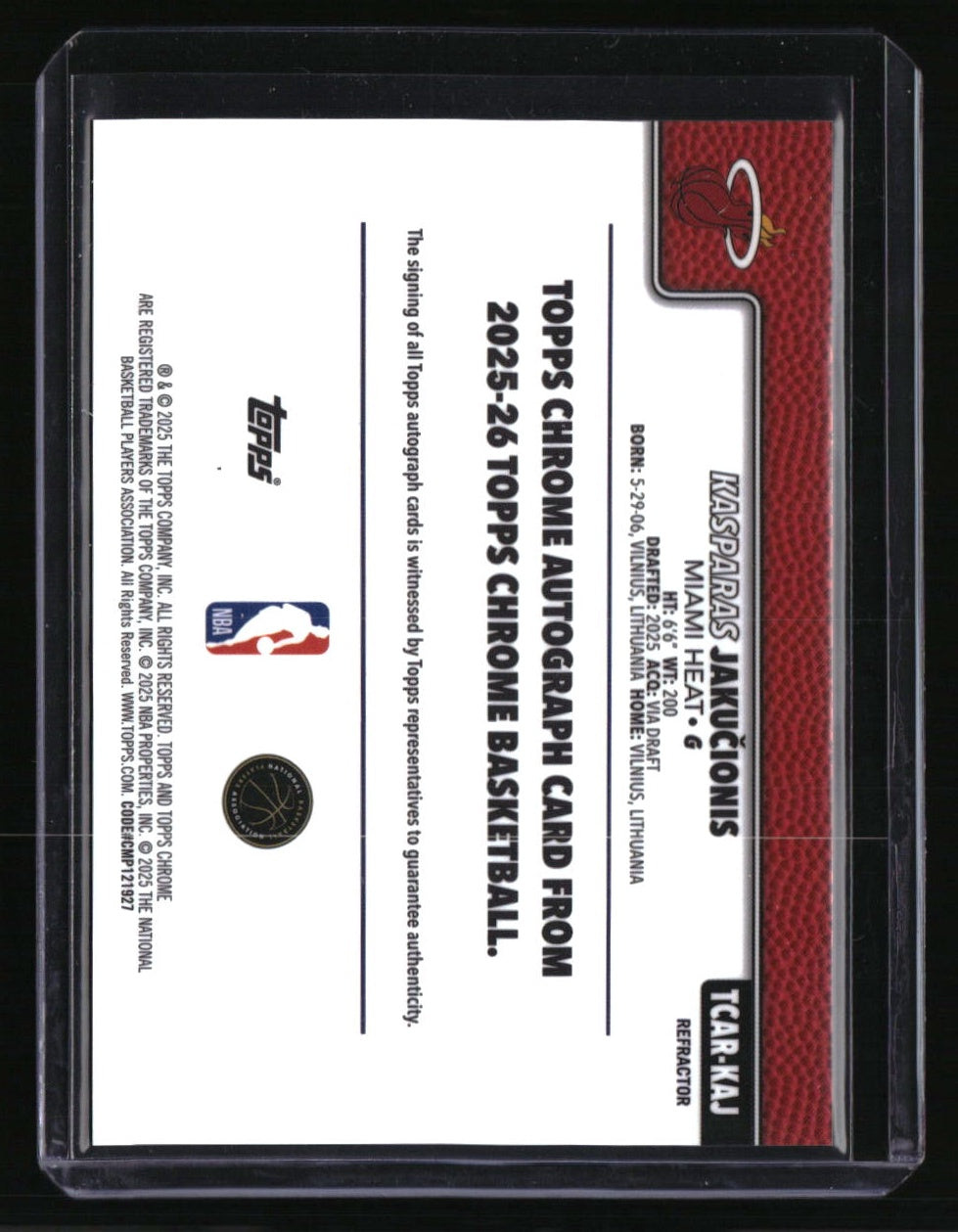 2025-26 Topps Chrome Kasparas Jakučionis Chrome Rookie Auto Refractor