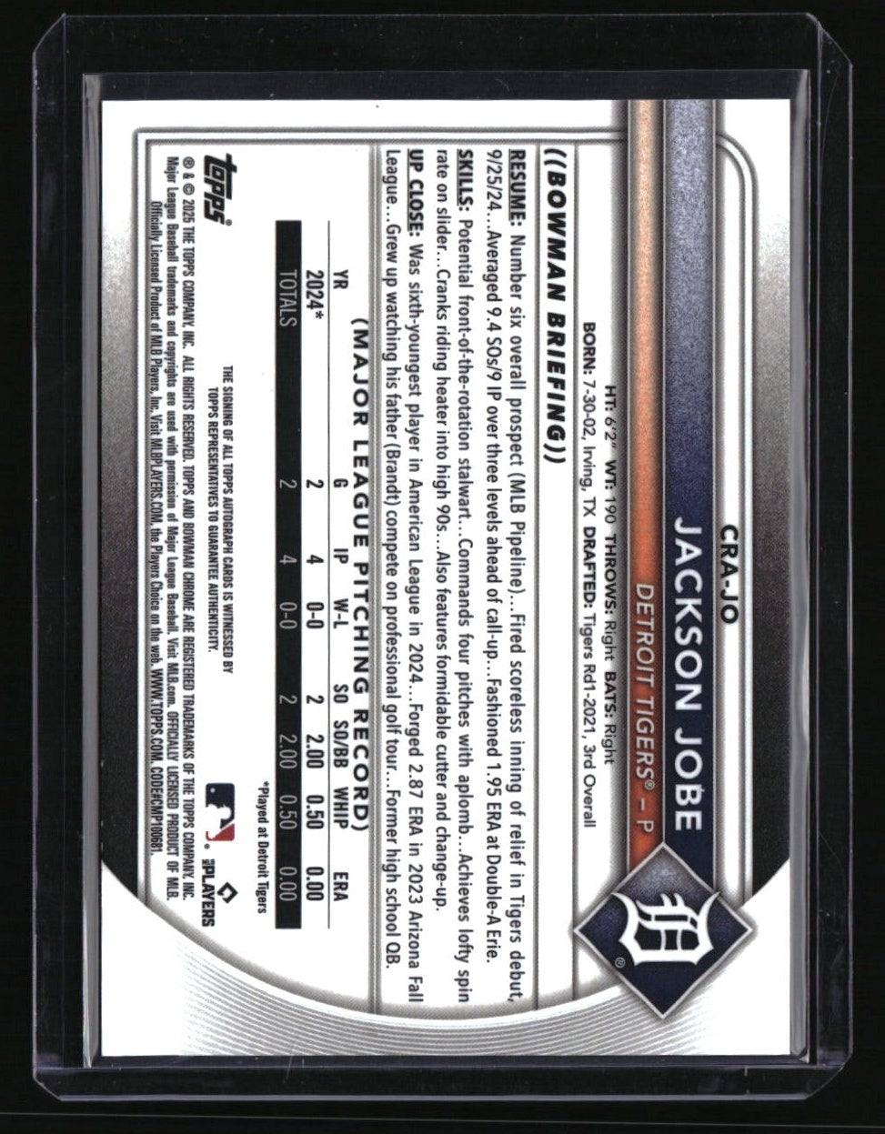 2025 Bowman Jackson Jobe Chrome Rookie Autographs Blue Refractor #/150