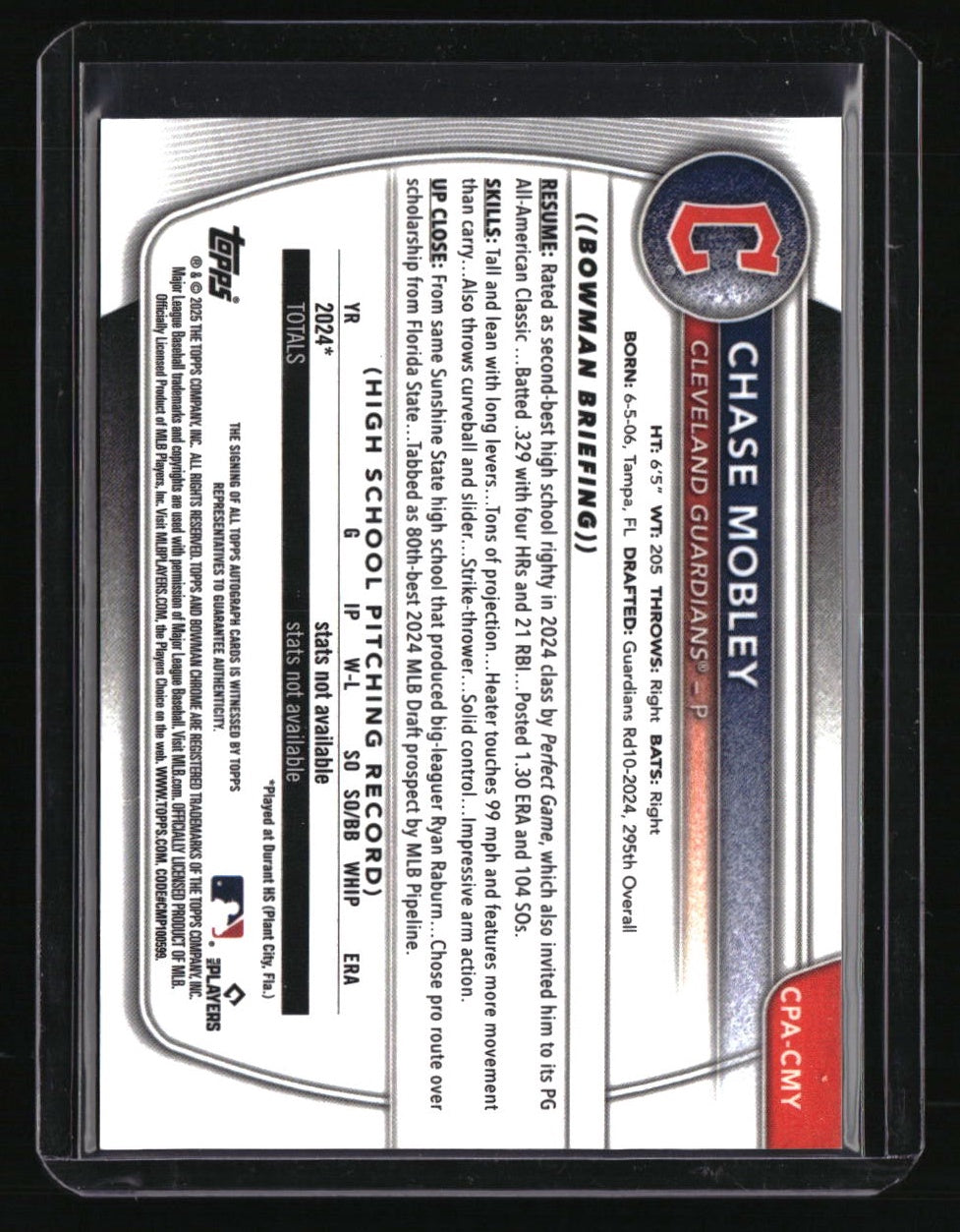 2025 Bowman Chase Mobley Chrome Prospects Autographs HTA Choice Refractor #/150