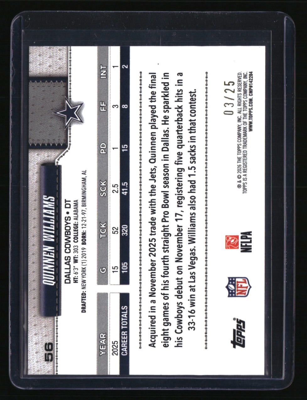 2026 Topps Flagship Quinnen Williams Orange Sandglitter #/25