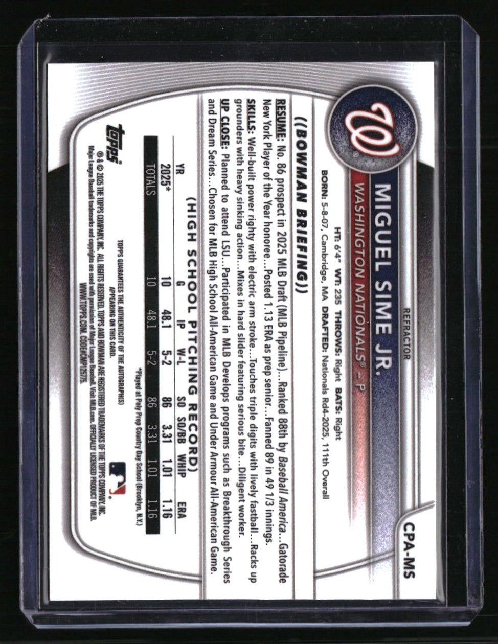 2025 Bowman Draft Miguel Sime Jr. Chrome Prospect Autographs Refractor #/499