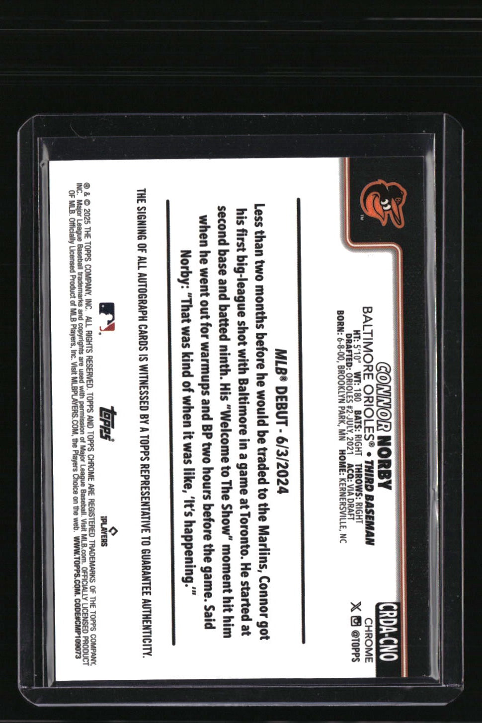 2025 Topps Chrome Update Connor Norby Auto Black & White Mini-Diamond