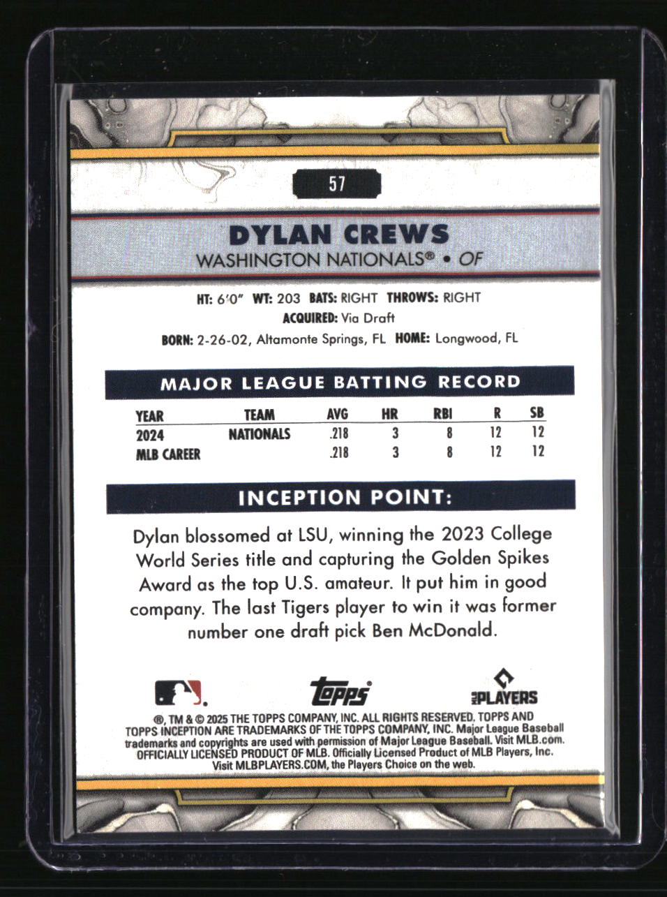 2025 Topps Inception Dylan Crews Gold Electricity #/50