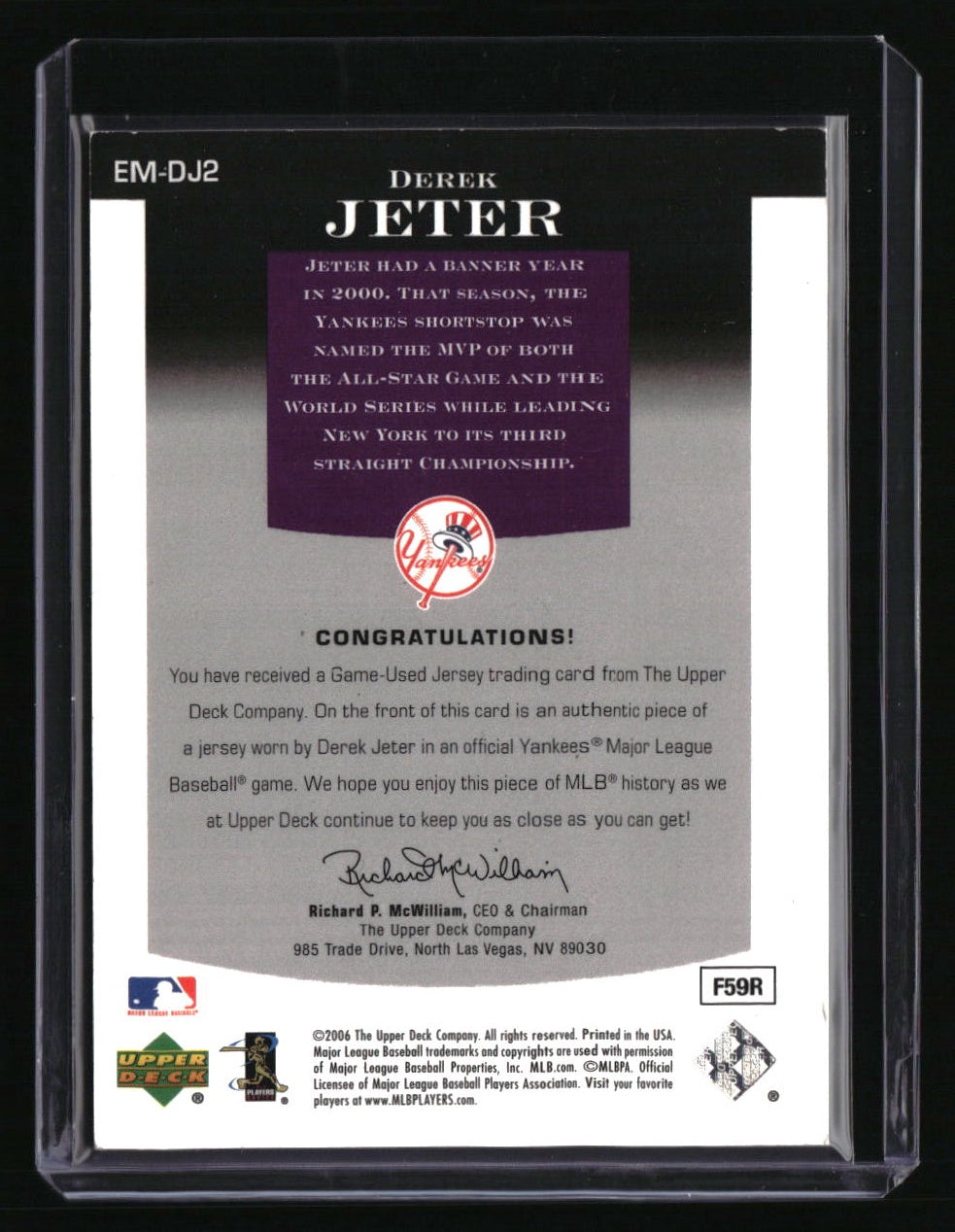 2006 Upper Deck Epic Derek Jeter Materials Dark Purple #/185