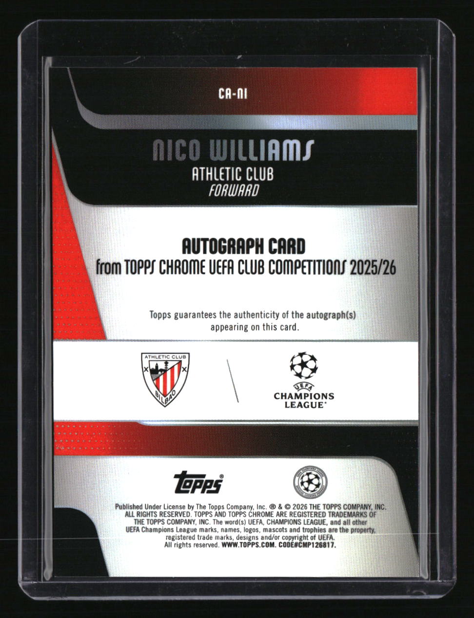 2025-26 Topps Chrome UEFA Club Competitions Nico Williams Chrome Autographs