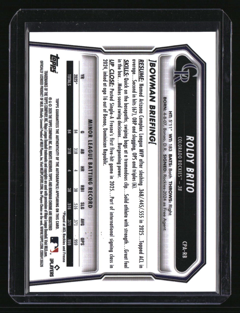 2026 Bowman Roldy Brito Chrome Prospect Autographs Speckle Refractors #/299