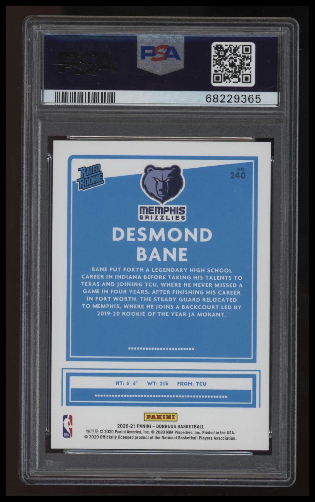 2020 Panini Donruss Desmond Bane Choice PSA 10
